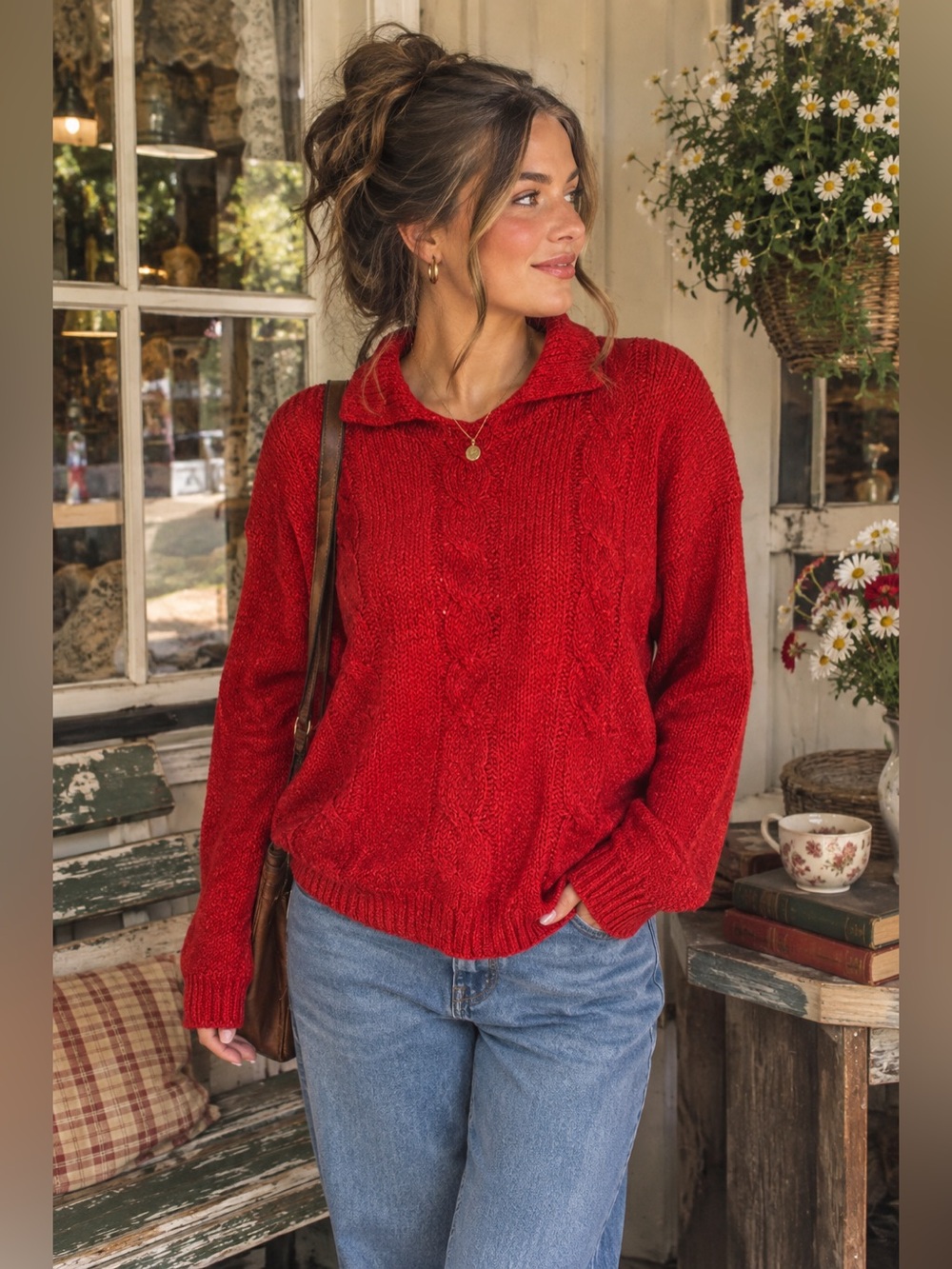 Vintage Bristol Court Red 100% Acrylic Collared Sweater Size Medium